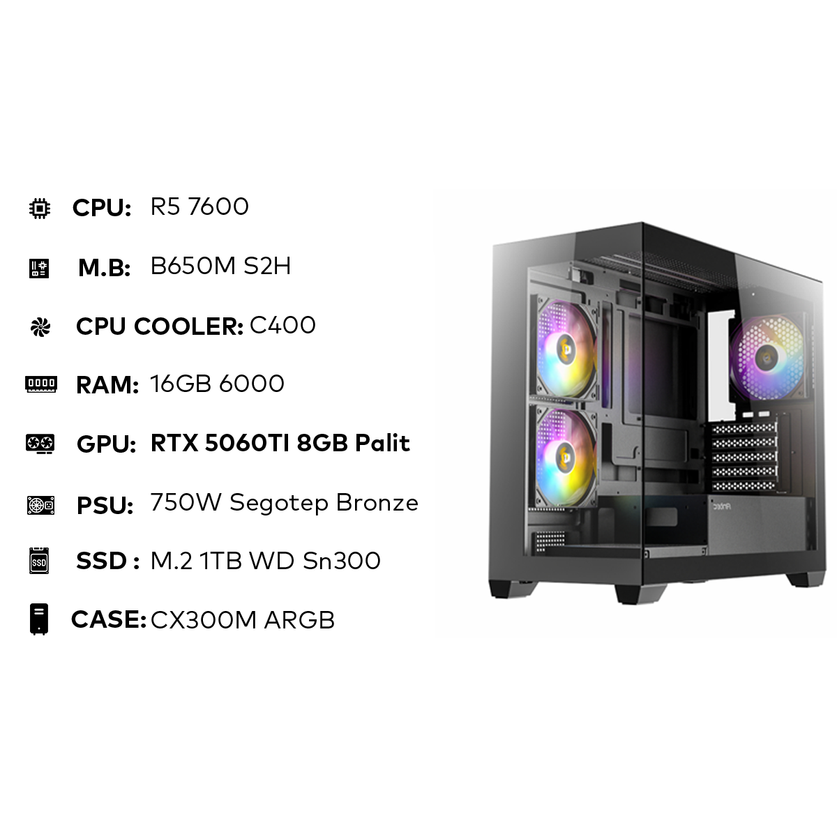 تجميعة مقترحة R5 7600 Gaming PC | 16GB DDR5 | RTX 5060Ti 8GB | 1TB SSD | 750W تجميعة مقترحة R5 7600 Gaming PC | 16GB DDR5 | RTX 5060Ti 8GB | 1TB SSD | 750W